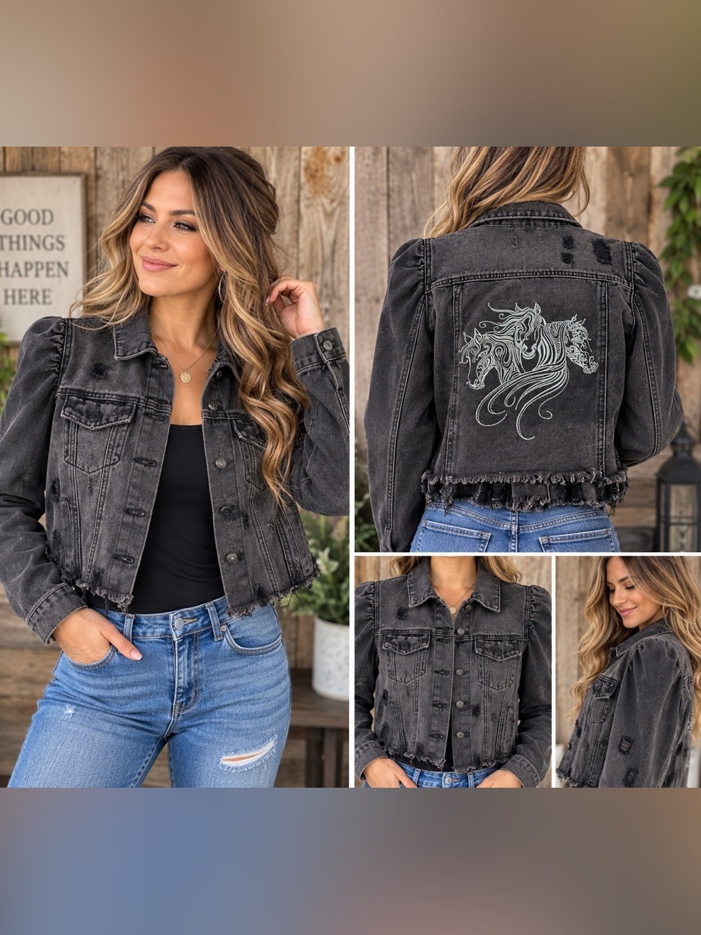 Forever 21 Cropped Black Denim Horse Embroidered Distressed Jacket – Women’s M